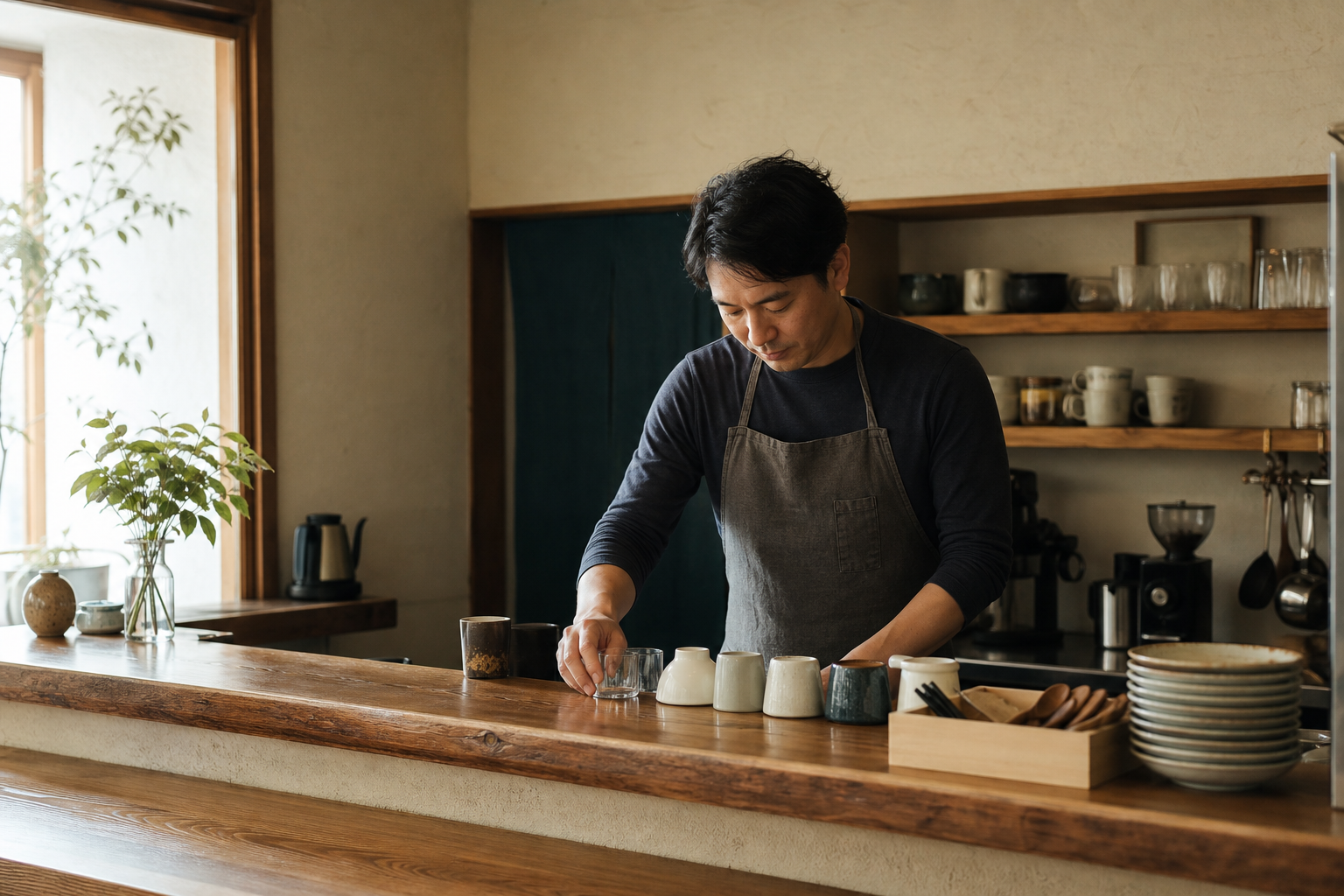 開店準備をするカフェオーナー